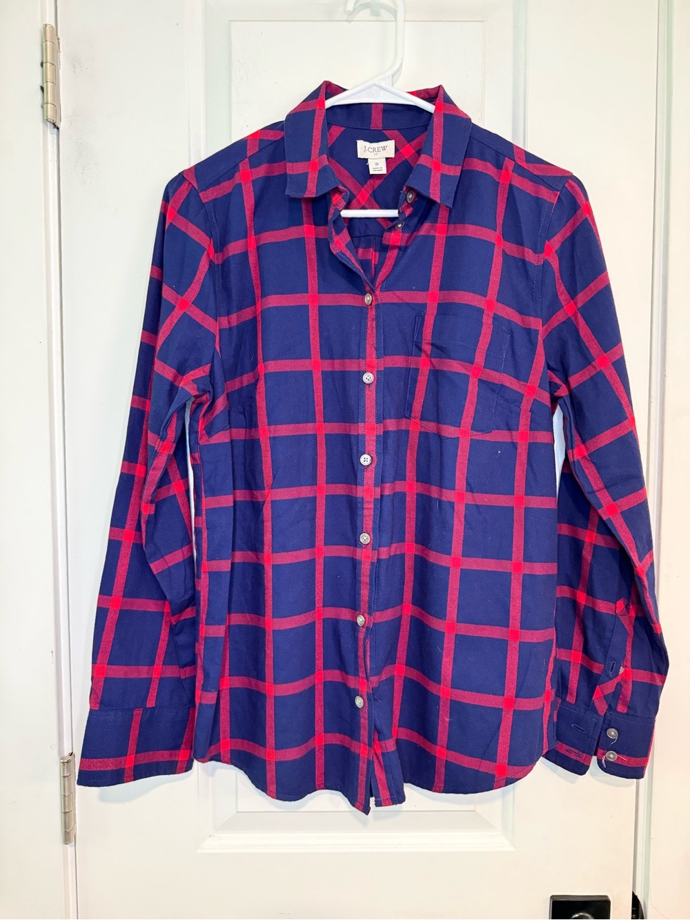 J.Crew Plaid Button Down Shirt Navy Red Windowpane Cotton Small - Picture 2 of 10